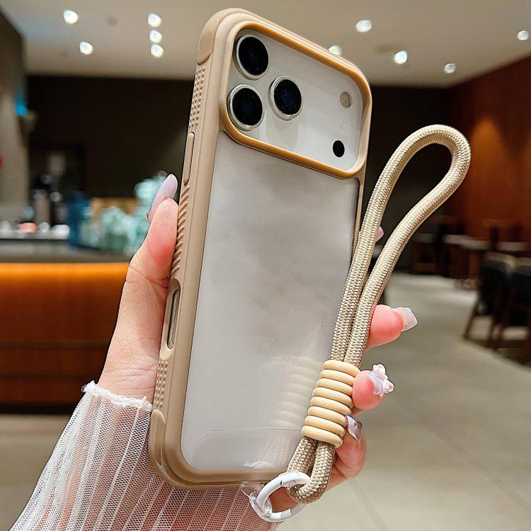 

For iPhone 17 Pro Max Solid Color Edge Transparency Acrylic TPU Phone Case with Wrist Strap(Brown)