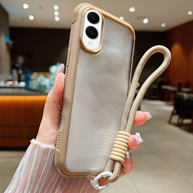 

For Samsung Galaxy S25 Edge 5G Solid Color Edge Transparency Acrylic TPU Phone Case with Wrist Strap(Brown)
