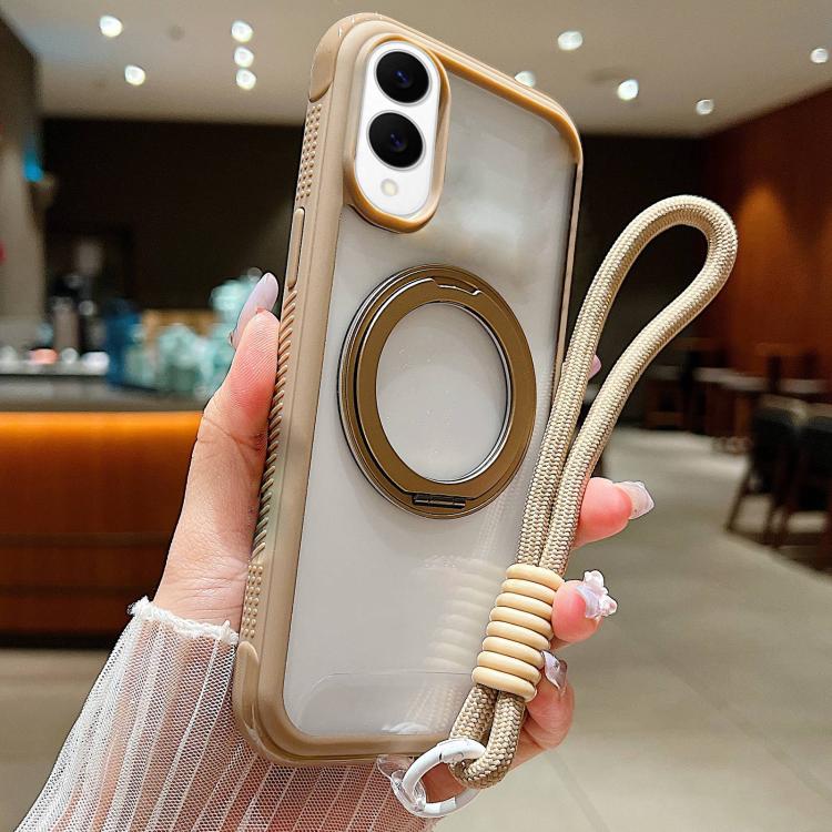 

For Samsung Galaxy S25 Edge 5G Solid Color Edge Transparency Rotation Holder MagSafe Phone Case with Wrist Strap(Brown)