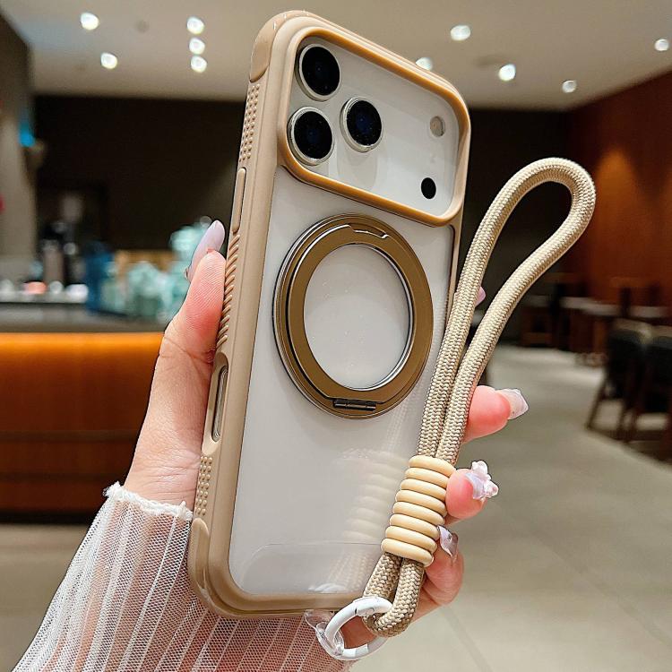 

For iPhone 17 Pro Solid Color Edge Transparency Rotation Holder MagSafe Phone Case with Wrist Strap(Brown)
