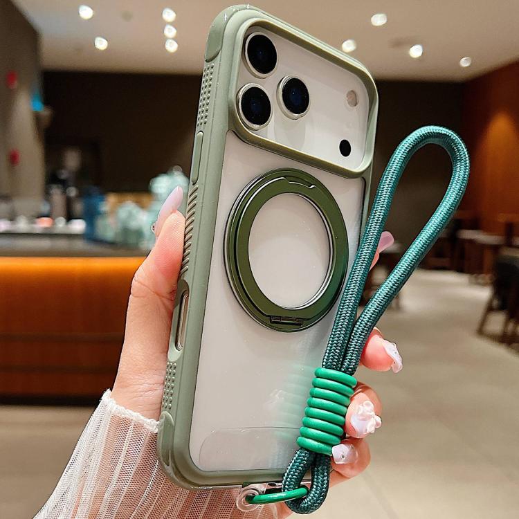 

For iPhone 17 Pro Solid Color Edge Transparency Rotation Holder MagSafe Phone Case with Wrist Strap(Army Green)