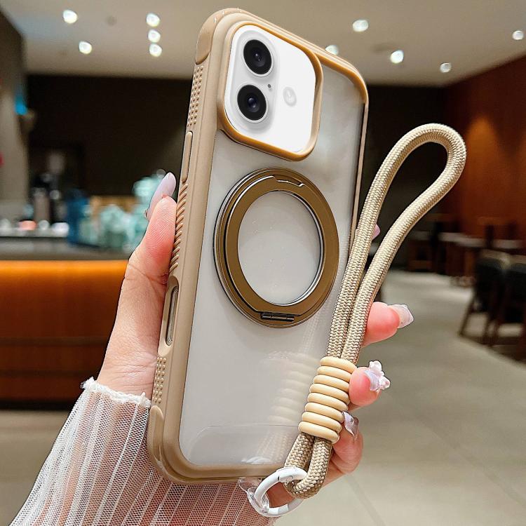 

For iPhone 17 Solid Color Edge Transparency Rotation Holder MagSafe Phone Case with Wrist Strap(Brown)