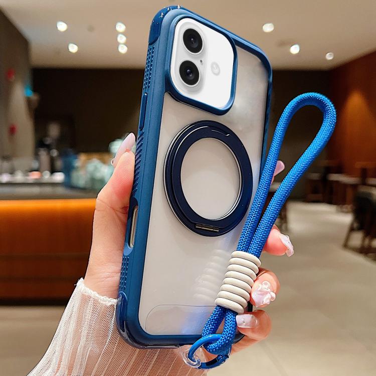 

For iPhone 17 Solid Color Edge Transparency Rotation Holder MagSafe Phone Case with Wrist Strap(Royal Blue)