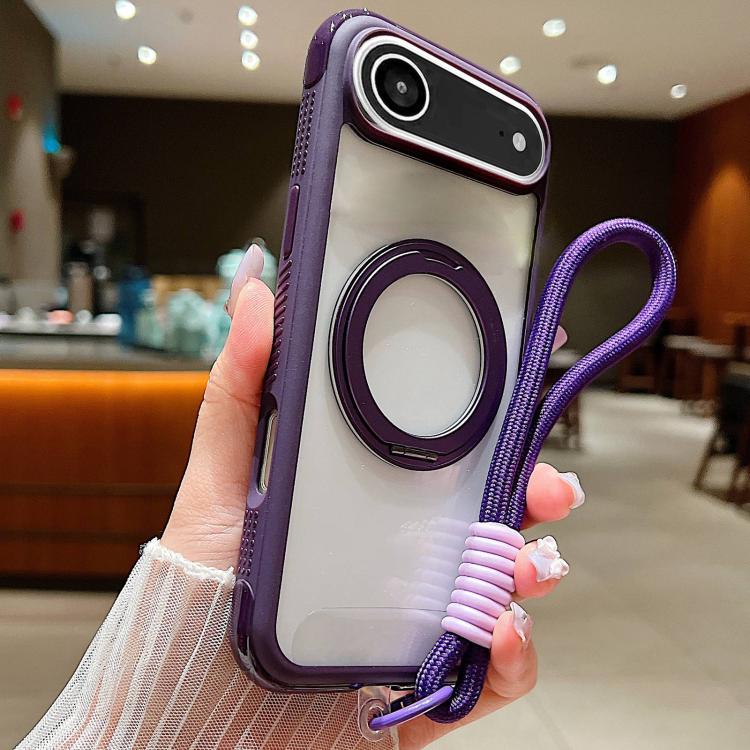 

For iPhone Air Solid Color Edge Transparency Rotation Holder MagSafe Phone Case with Wrist Strap(Dark Purple)