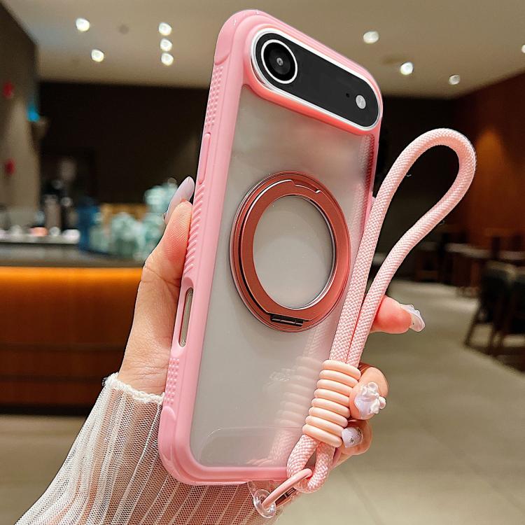 

For iPhone Air Solid Color Edge Transparency Rotation Holder MagSafe Phone Case with Wrist Strap(Pink)