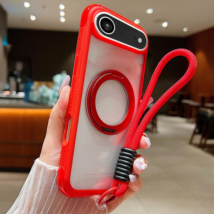 

For iPhone Air Solid Color Edge Transparency Rotation Holder MagSafe Phone Case with Wrist Strap(Red)