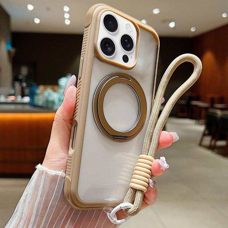 

For iPhone 16 Pro Solid Color Edge Transparency Rotation Holder MagSafe Phone Case with Wrist Strap(Brown)
