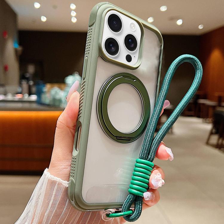 

For iPhone 16 Pro Solid Color Edge Transparency Rotation Holder MagSafe Phone Case with Wrist Strap(Army Green)