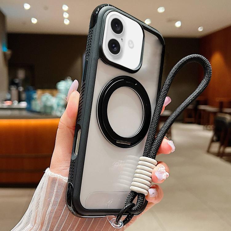 

For iPhone 16 Plus Solid Color Edge Transparency Rotation Holder MagSafe Phone Case with Wrist Strap(Black)