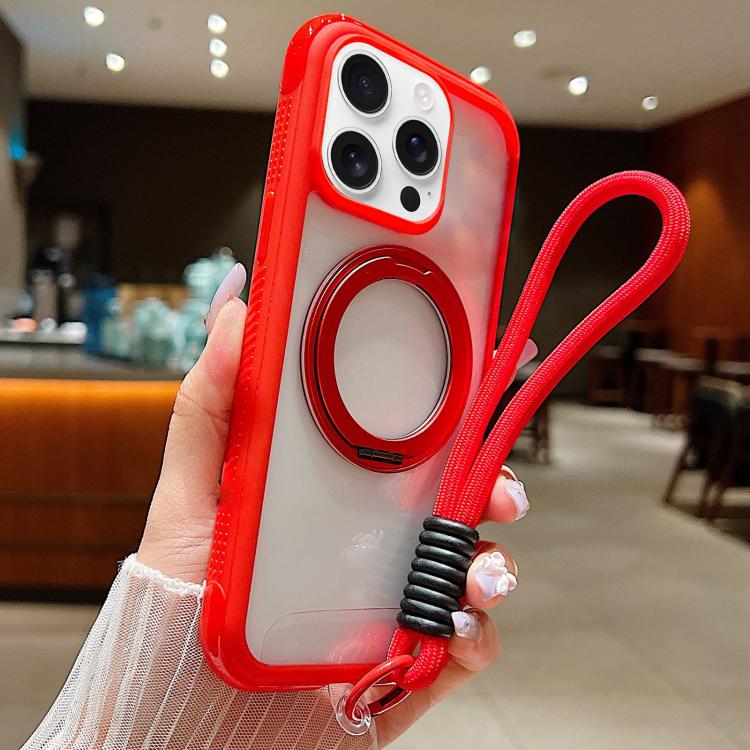 

For iPhone 15 Pro Solid Color Edge Transparency Rotation Holder MagSafe Phone Case with Wrist Strap(Red)