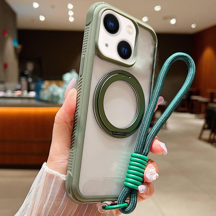 

For iPhone 15 / 14 / 13 Solid Color Edge Transparency Rotation Holder MagSafe Phone Case with Wrist Strap(Army Green)
