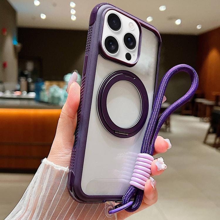

For iPhone 14 Pro Max Solid Color Edge Transparency Rotation Holder MagSafe Phone Case with Wrist Strap(Dark Purple)