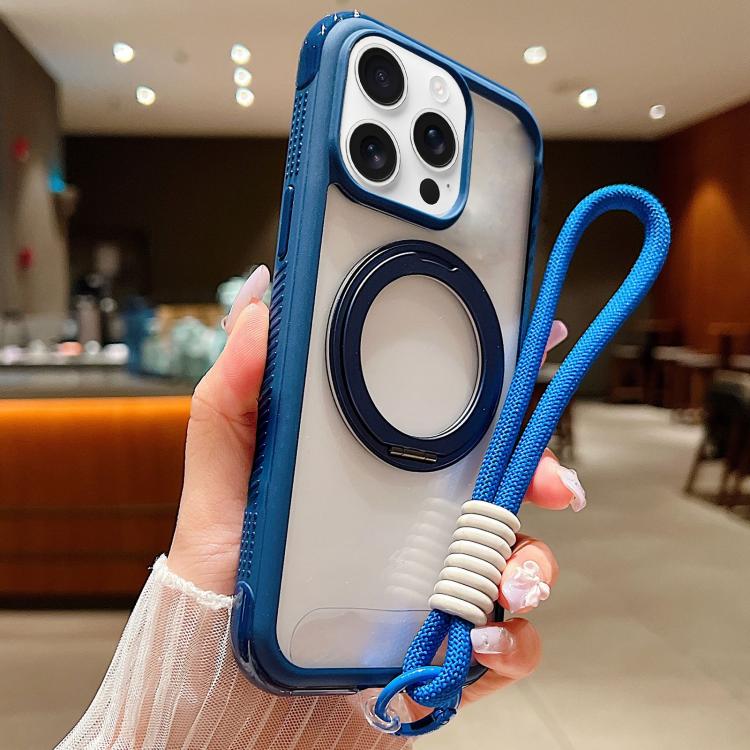 

For iPhone 14 Pro Max Solid Color Edge Transparency Rotation Holder MagSafe Phone Case with Wrist Strap(Royal Blue)