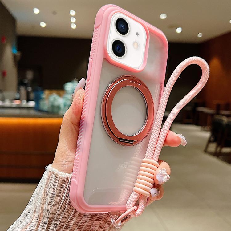 

For iPhone 12 / 12 Pro Solid Color Edge Transparency Rotation Holder MagSafe Phone Case with Wrist Strap(Pink)