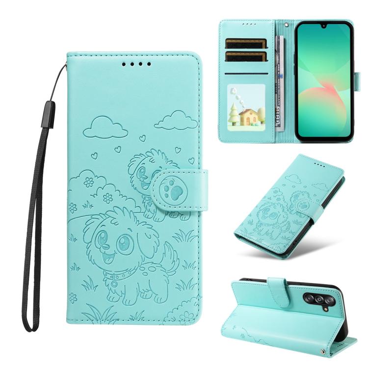 

For Samsung Galaxy A16 / A26 / A17 Embossed Heart Dog RFID Blocking Wallet Leather Phone Case(Green)