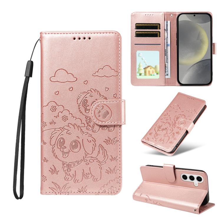 

For Samsung Galaxy S24 / S25 5G Embossed Heart Dog RFID Blocking Wallet Leather Phone Case(Rose Gold)