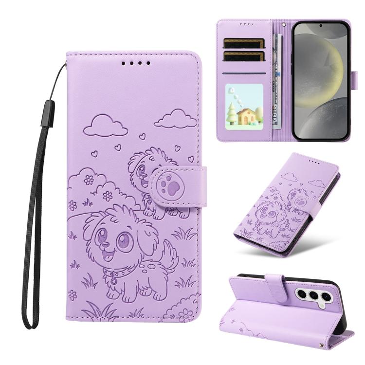 

For Samsung Galaxy S24+ / S25+ 5G Embossed Heart Dog RFID Blocking Wallet Leather Phone Case(Purple)