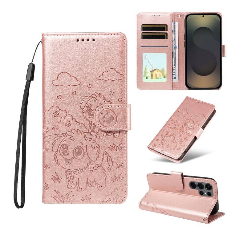 

For Samsung Galaxy S25 Ultra 5G Embossed Heart Dog RFID Blocking Wallet Leather Phone Case(Rose Gold)
