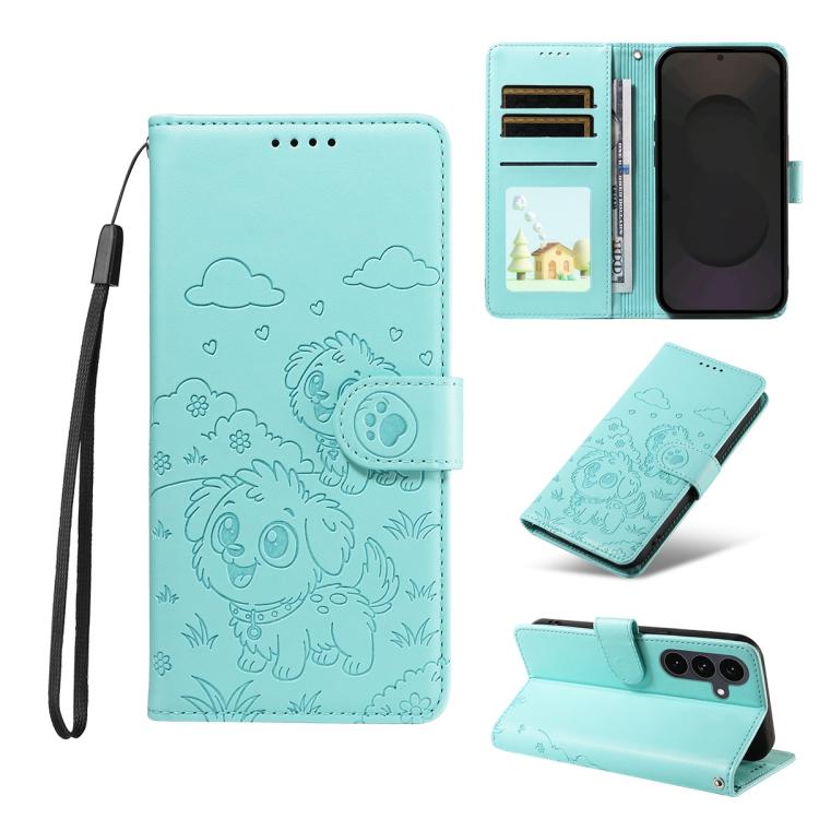 

For Samsung Galaxy S25 FE 5G Embossed Heart Dog RFID Blocking Wallet Leather Phone Case(Green)