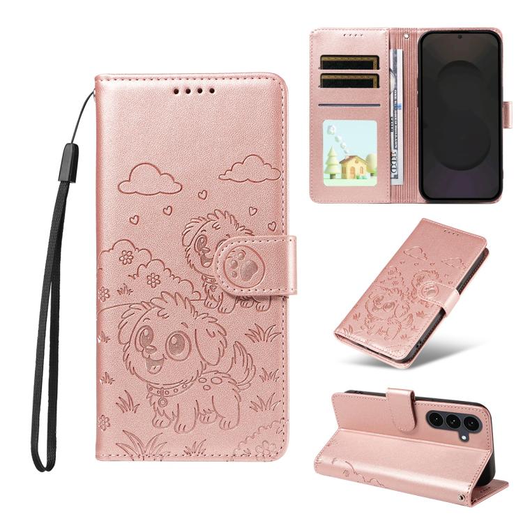 

For Samsung Galaxy S25 FE 5G Embossed Heart Dog RFID Blocking Wallet Leather Phone Case(Rose Gold)