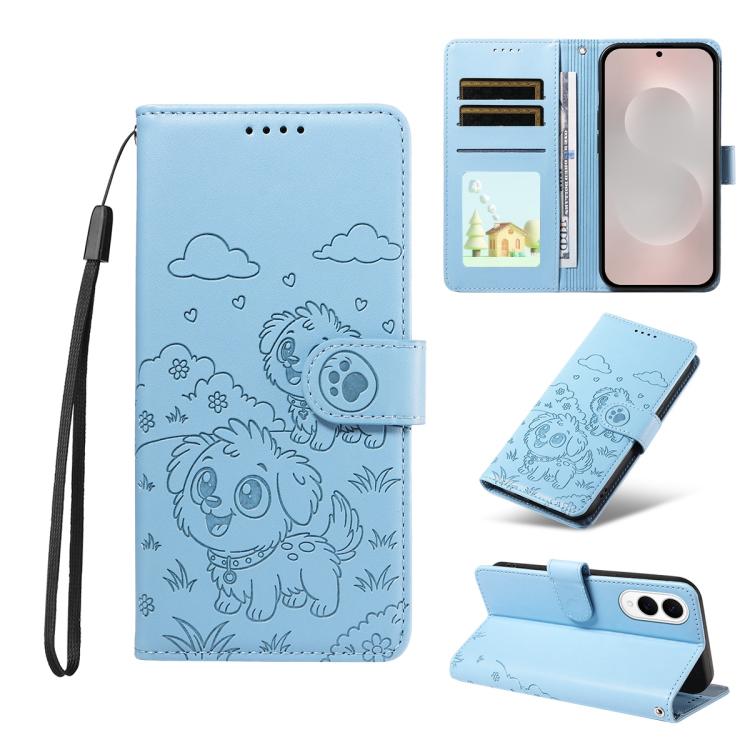 

For Samsung Galaxy S25 Edge 5G Embossed Heart Dog RFID Blocking Wallet Leather Phone Case(Sky Blue)