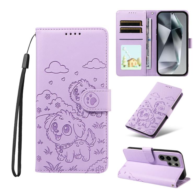 

For Samsung Galaxy S24 Ultra 5G Embossed Heart Dog RFID Blocking Wallet Leather Phone Case(Purple)