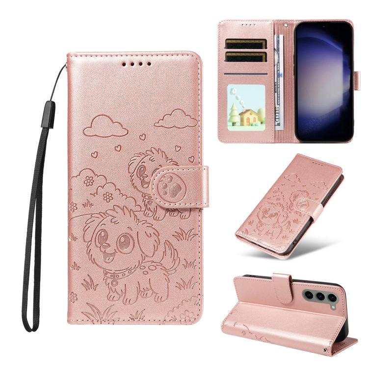 

For Samsung Galaxy S23 5G Embossed Heart Dog RFID Blocking Wallet Leather Phone Case(Rose Gold)