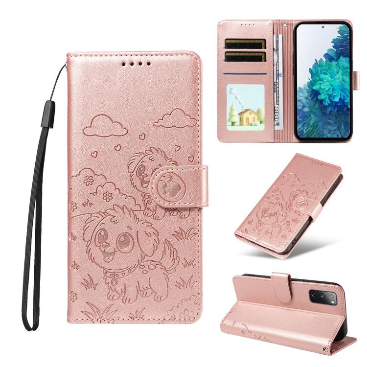 

For Samsung Galaxy S20 FE Embossed Heart Dog RFID Blocking Wallet Leather Phone Case(Rose Gold)