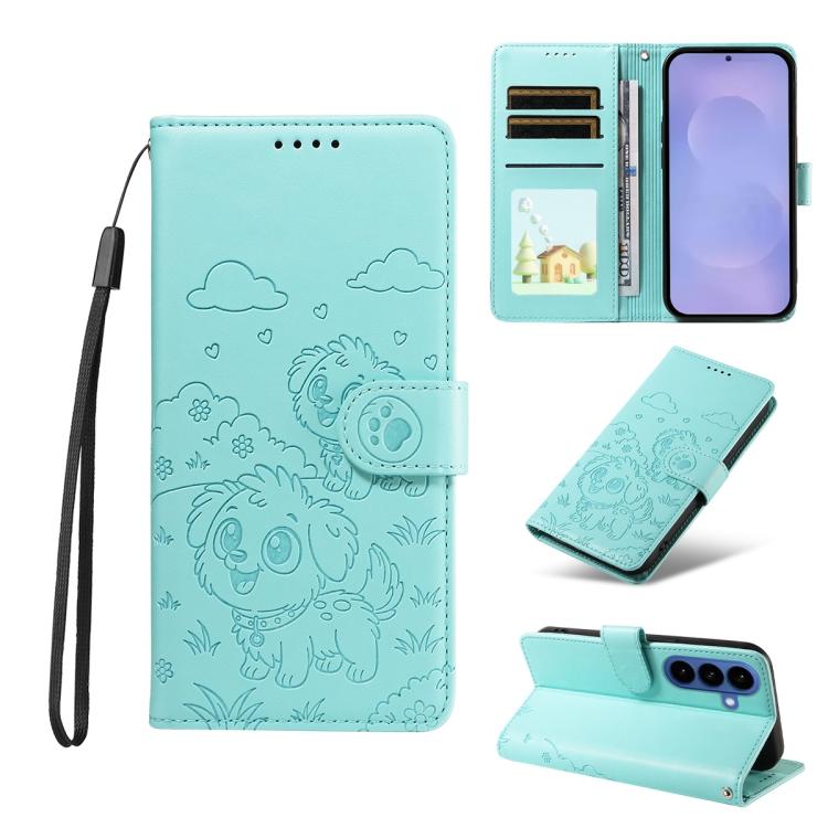 

For Samsung Galaxy S26+ 5G Embossed Heart Dog RFID Blocking Wallet Leather Phone Case(Green)