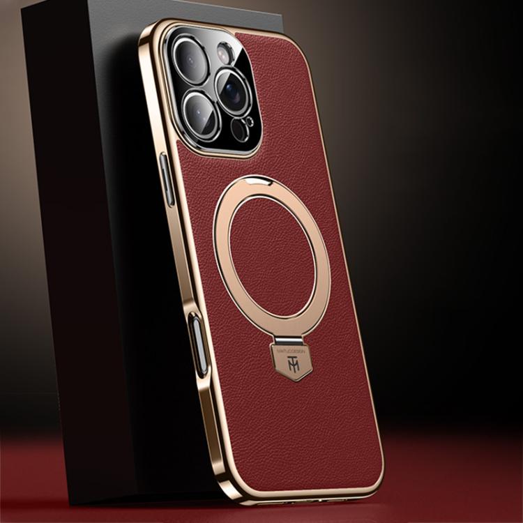 

For iPhone 16 Pro Max Plain Leather MagSafe Holder Phone Case(Red)