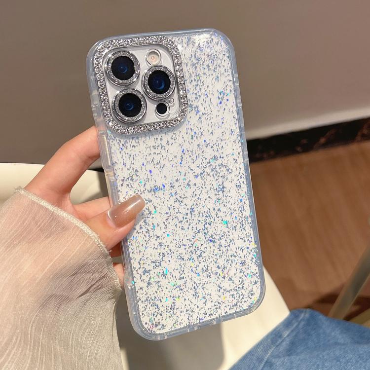 

For iPhone 16 Pro Max Glitter Foil Diamond-encrusted Camera Frame TPU + IMD Phone Case(White)