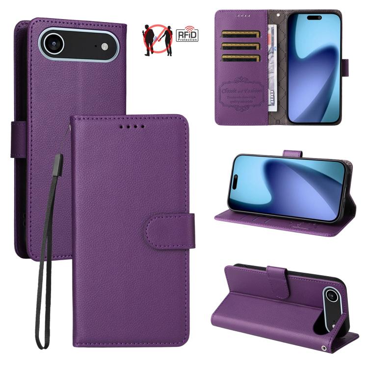 

For iPhone Air Litchi Texture RFID Blocking 3-Card Wallet Leather Phone Case(Purple)
