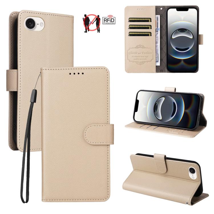 

For iPhone 16e Litchi Texture RFID Blocking 3-Card Wallet Leather Phone Case(Beige)