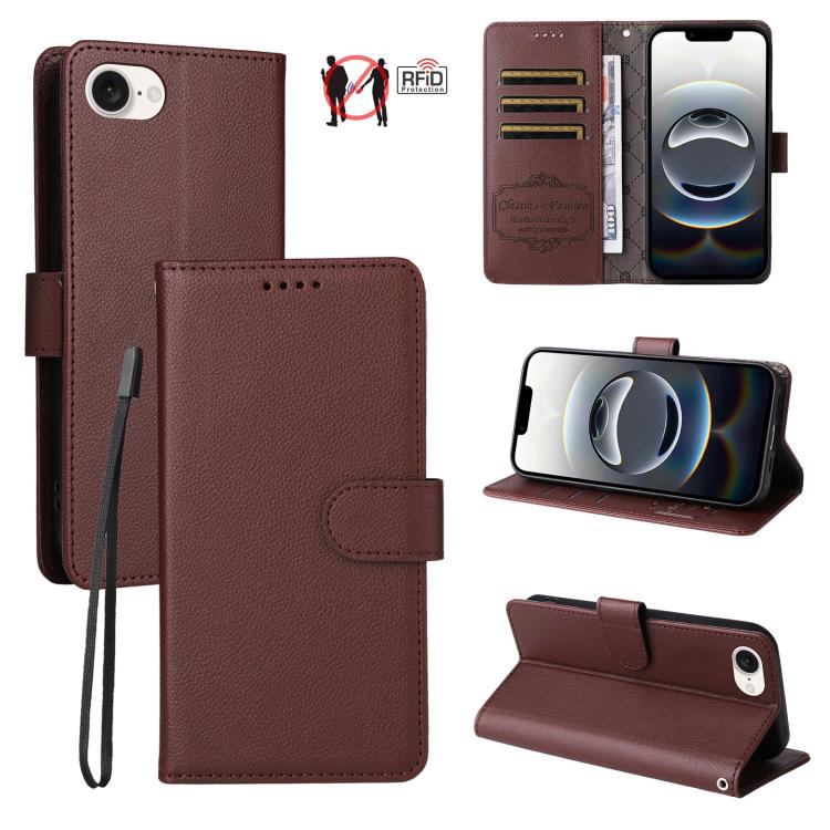 

For iPhone 16e Litchi Texture RFID Blocking 3-Card Wallet Leather Phone Case(Brown)