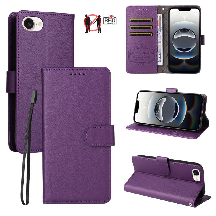 

For iPhone 16e Litchi Texture RFID Blocking 3-Card Wallet Leather Phone Case(Purple)