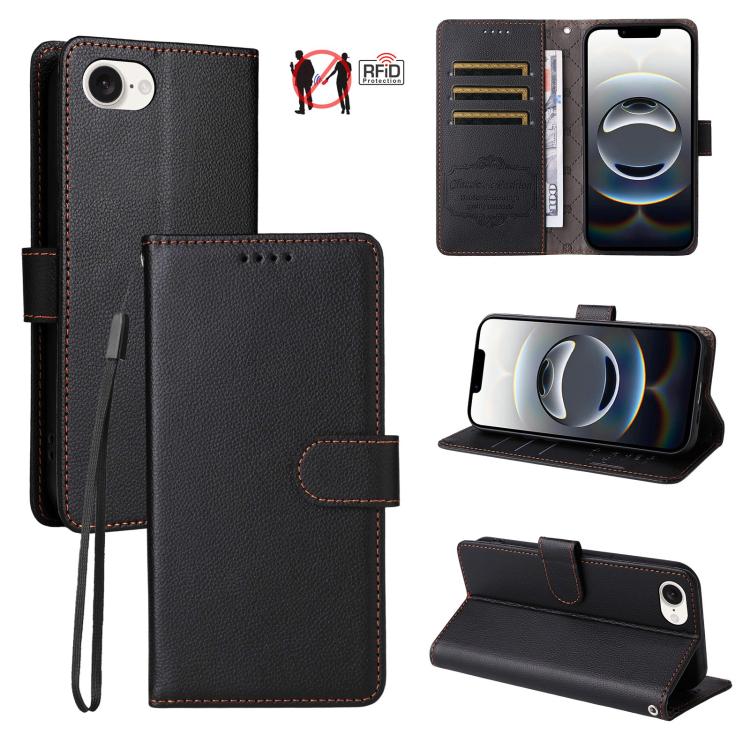 

For iPhone 16e Litchi Texture RFID Blocking 3-Card Wallet Leather Phone Case(Black)
