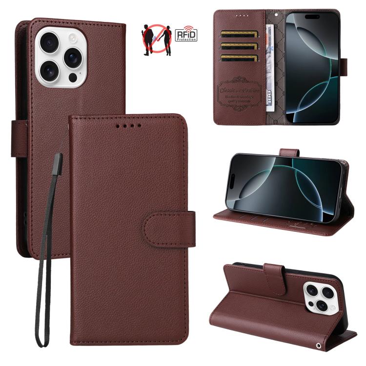 

For iPhone 16 Pro Max Litchi Texture RFID Blocking 3-Card Wallet Leather Phone Case(Brown)
