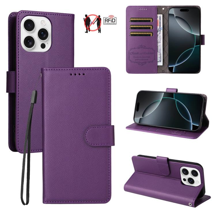 

For iPhone 16 Pro Max Litchi Texture RFID Blocking 3-Card Wallet Leather Phone Case(Purple)