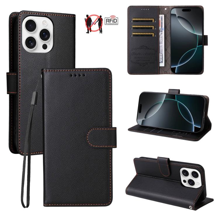

For iPhone 16 Pro Max Litchi Texture RFID Blocking 3-Card Wallet Leather Phone Case(Black)