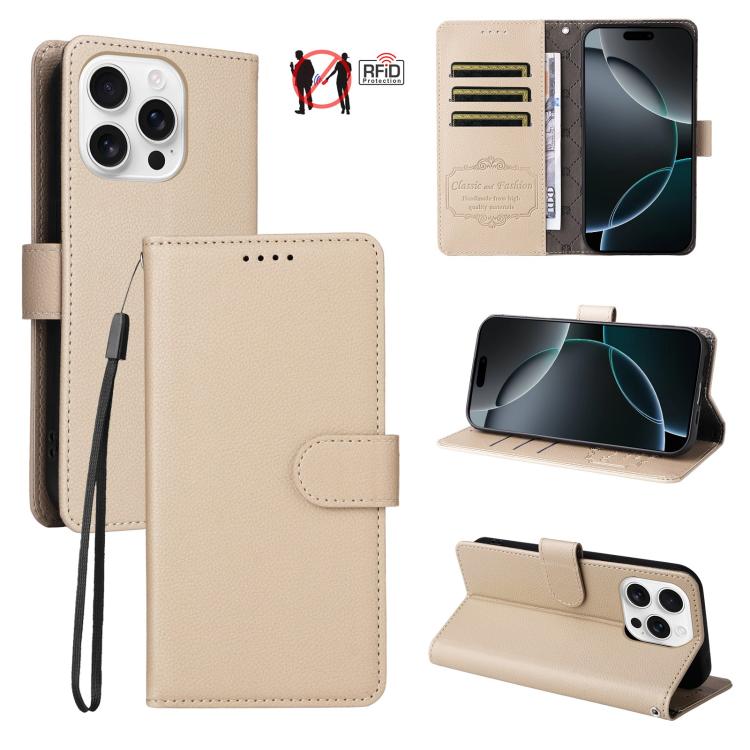 

For iPhone 16 Pro Litchi Texture RFID Blocking 3-Card Wallet Leather Phone Case(Beige)