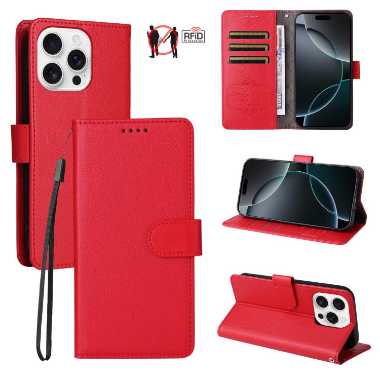 

For iPhone 16 Pro Litchi Texture RFID Blocking 3-Card Wallet Leather Phone Case(Red)