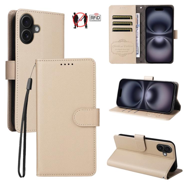 

For iPhone 16 Plus Litchi Texture RFID Blocking 3-Card Wallet Leather Phone Case(Beige)
