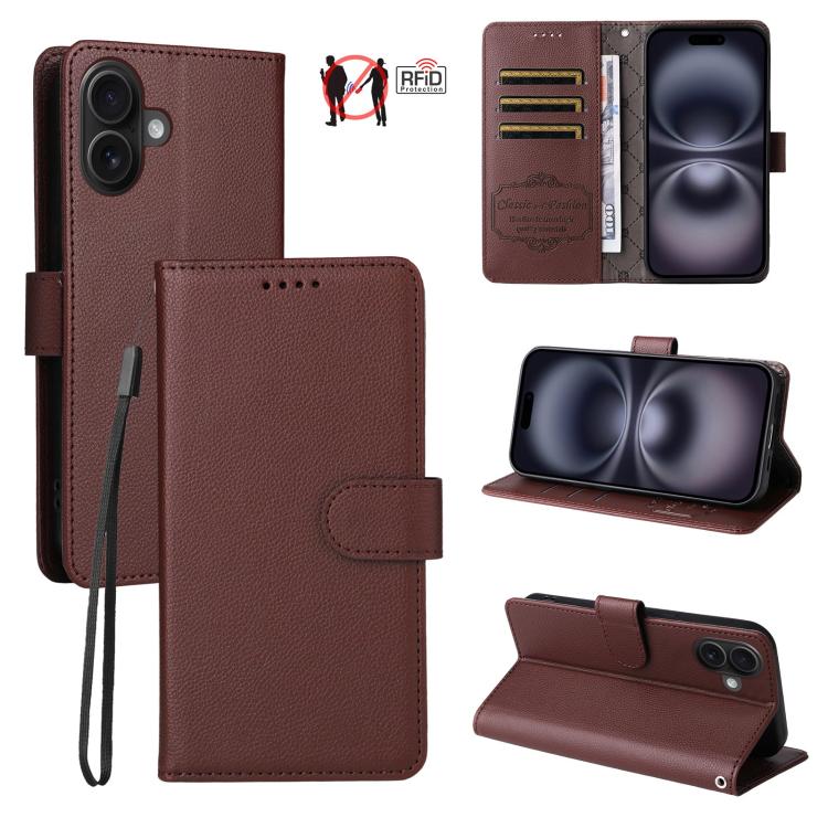 

For iPhone 16 Plus Litchi Texture RFID Blocking 3-Card Wallet Leather Phone Case(Brown)