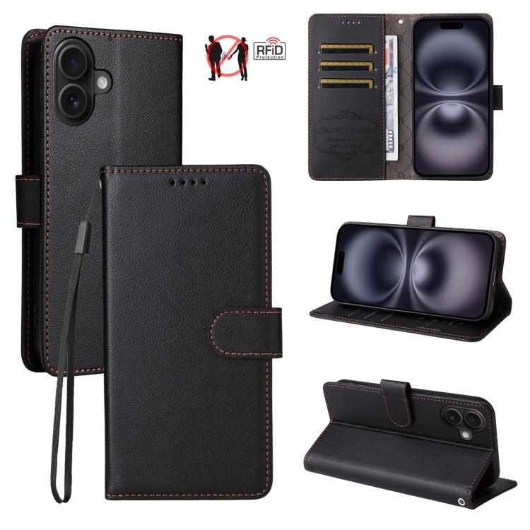 

For iPhone 16 Plus Litchi Texture RFID Blocking 3-Card Wallet Leather Phone Case(Black)