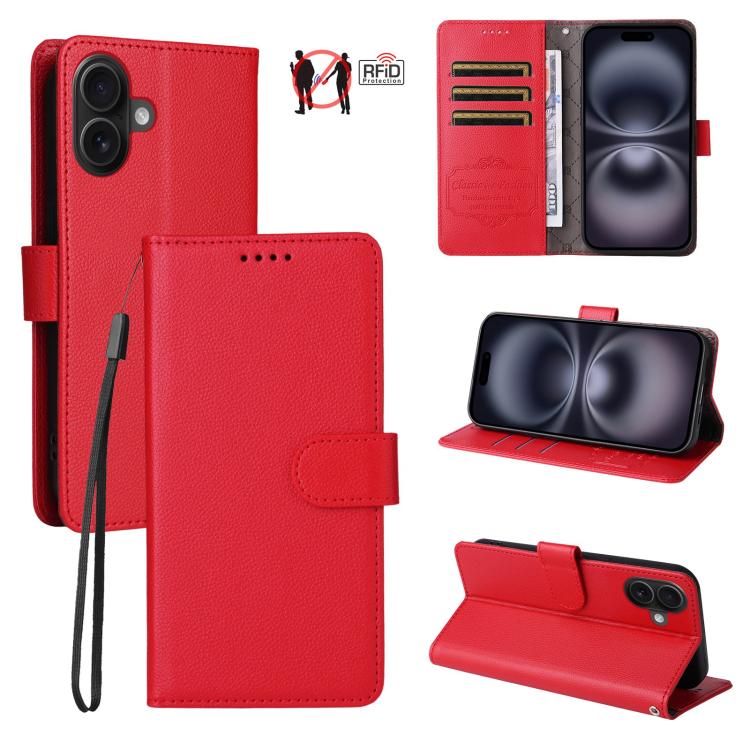 

For iPhone 16 Plus Litchi Texture RFID Blocking 3-Card Wallet Leather Phone Case(Red)