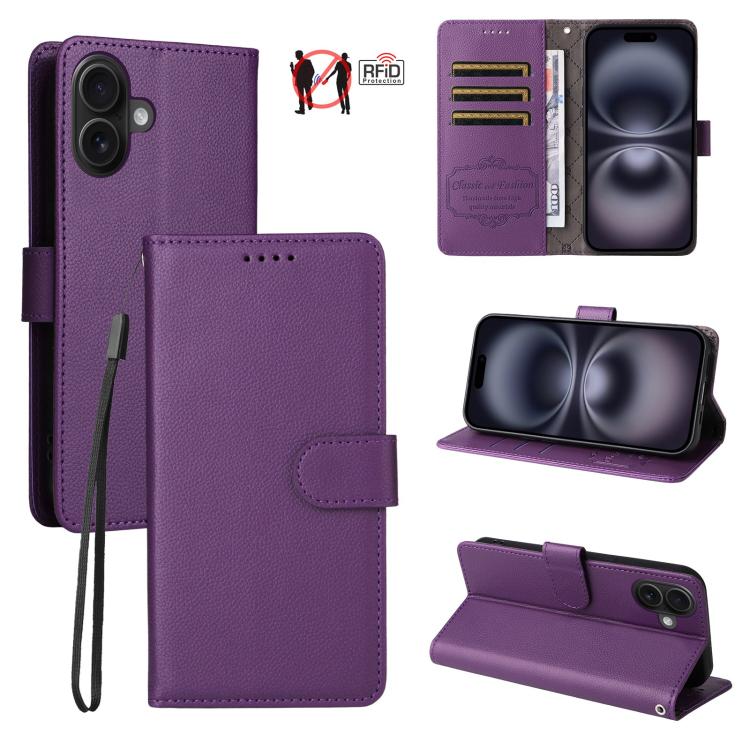 

For iPhone 16 Litchi Texture RFID Blocking 3-Card Wallet Leather Phone Case(Purple)