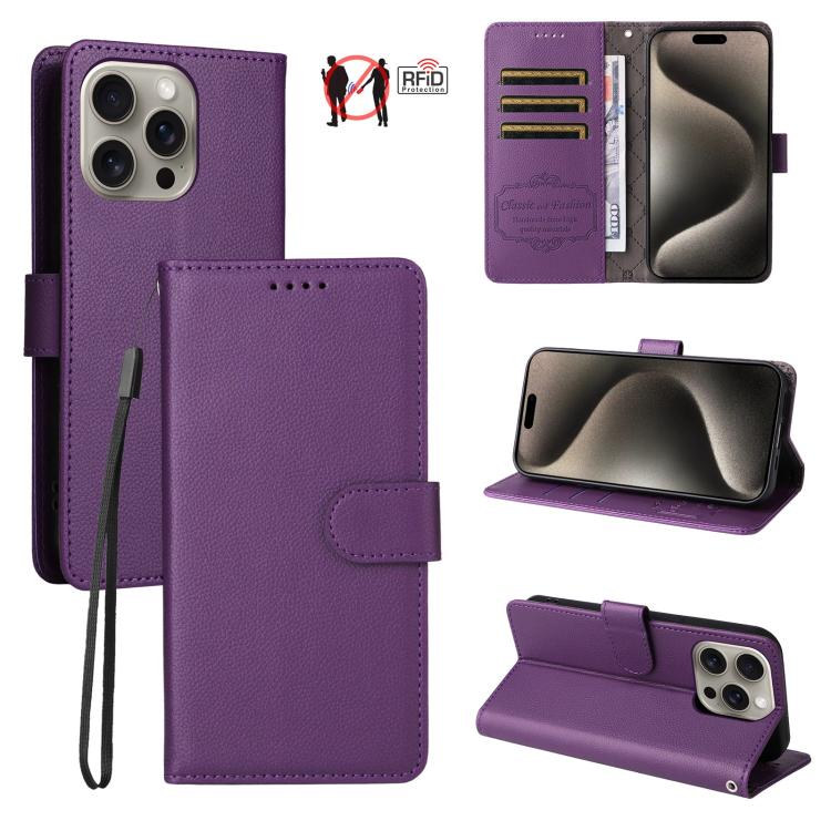 

For iPhone 15 Pro Max Litchi Texture RFID Blocking 3-Card Wallet Leather Phone Case(Purple)