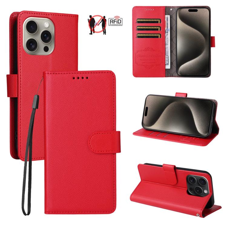 

For iPhone 15 Pro Litchi Texture RFID Blocking 3-Card Wallet Leather Phone Case(Red)