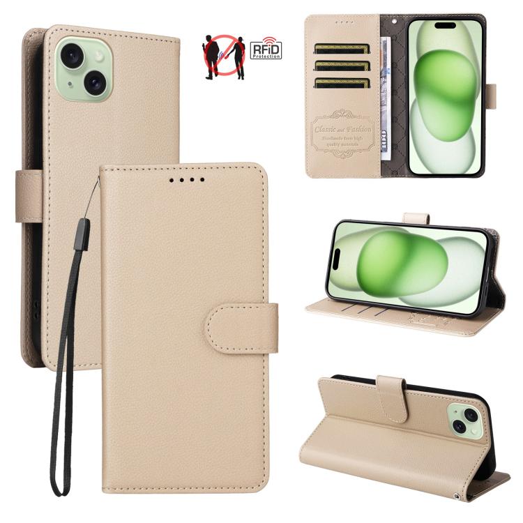 

For iPhone 15 Plus Litchi Texture RFID Blocking 3-Card Wallet Leather Phone Case(Beige)