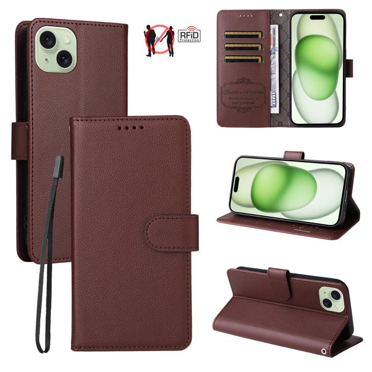 

For iPhone 15 Plus Litchi Texture RFID Blocking 3-Card Wallet Leather Phone Case(Brown)